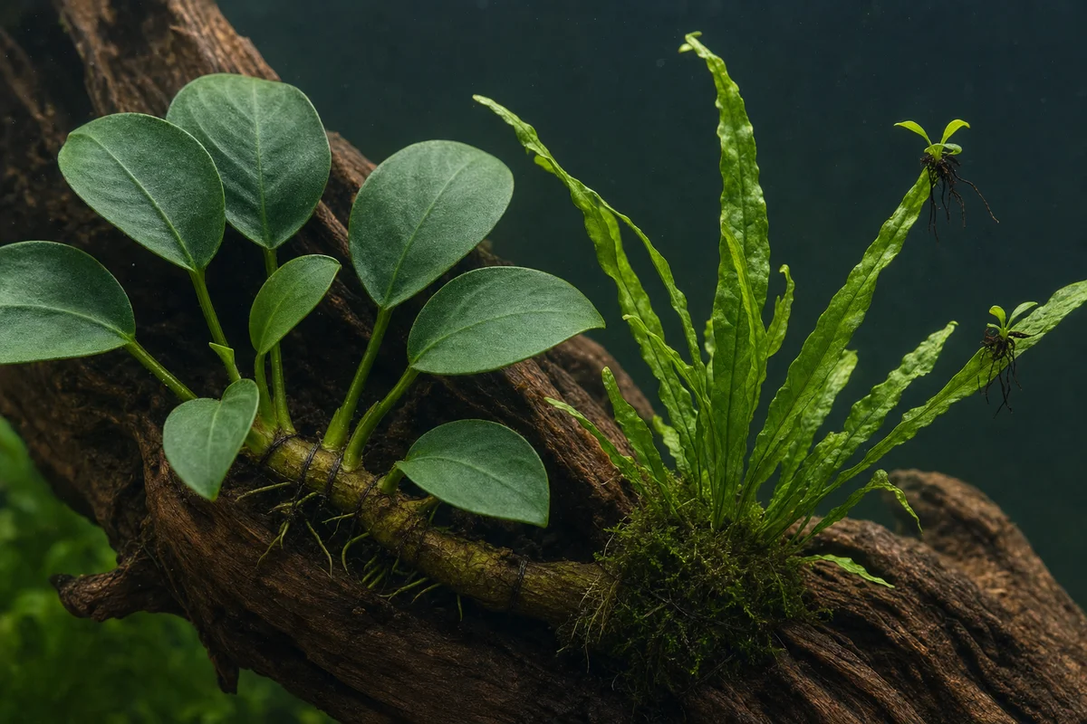 Anubias i mikrozorium na korzeniu — rośliny bez podłoża