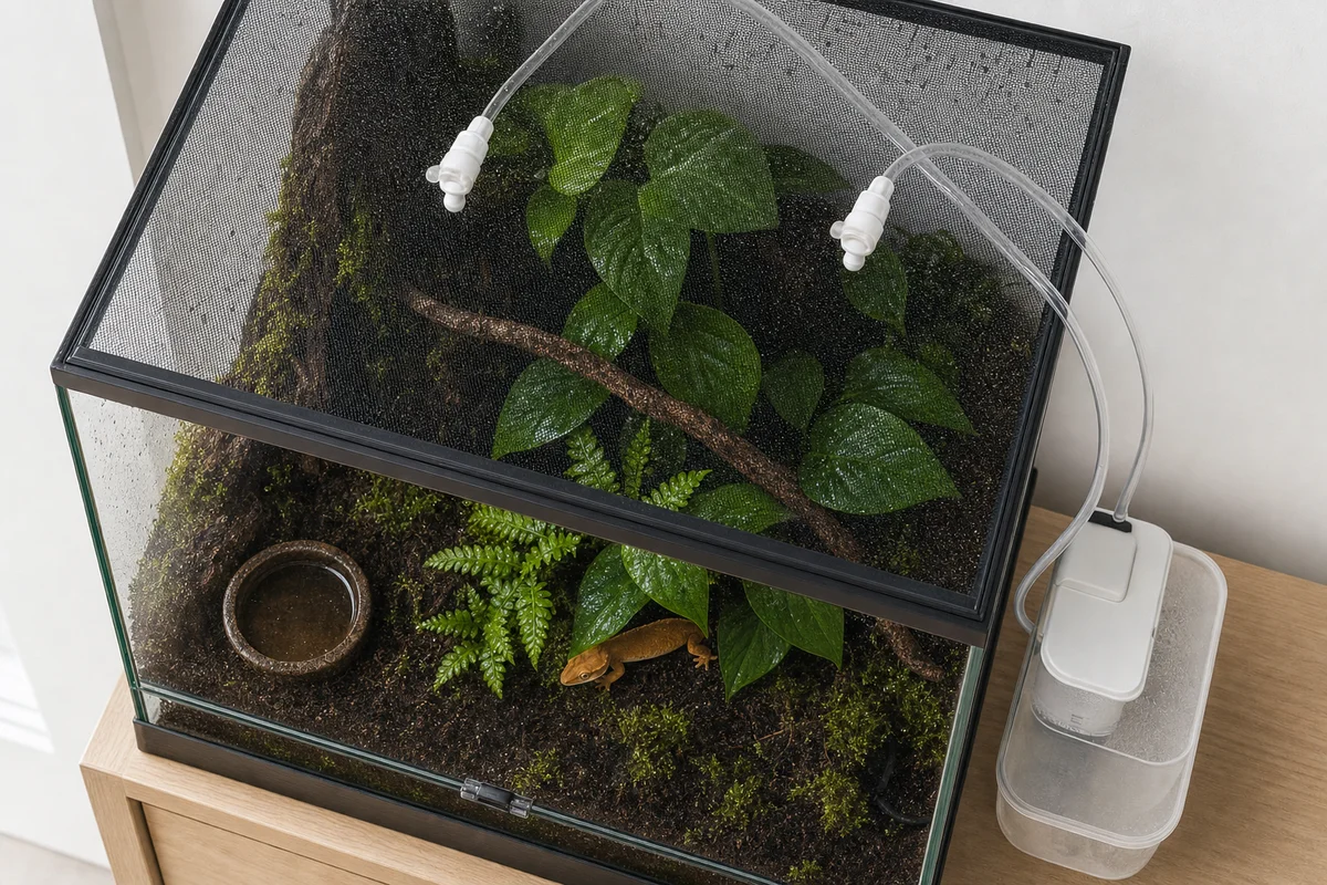 Automatyczny system zraszający terrarium — dysze na pokrywie i zbiornik z wodą