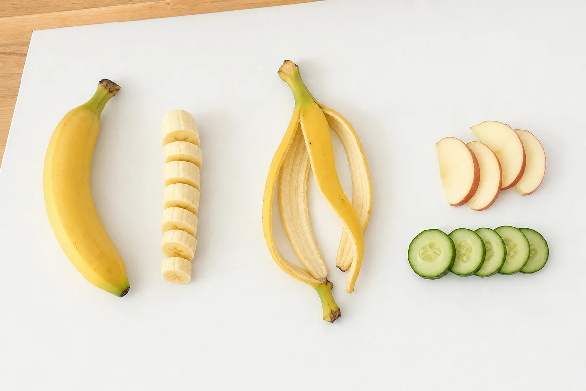 Banan obrany i pokrojony w plasterki, skórka odłożona na bok