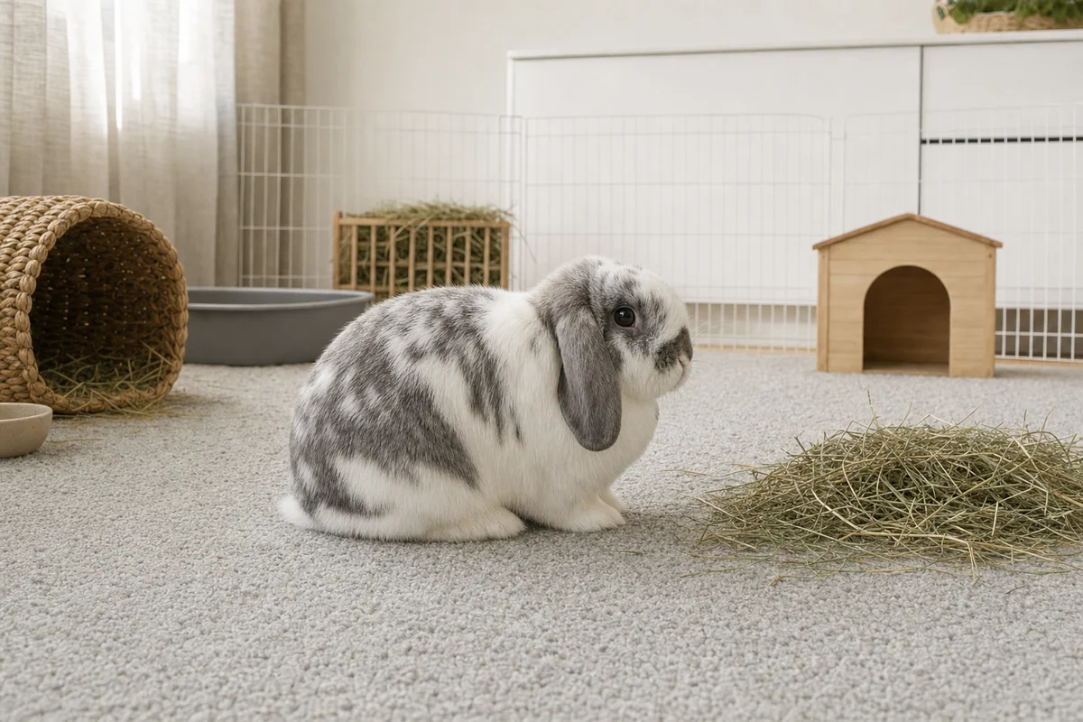 Baranek miniaturowy mini lop z profilu — uszy opadające wzdłuż policzków