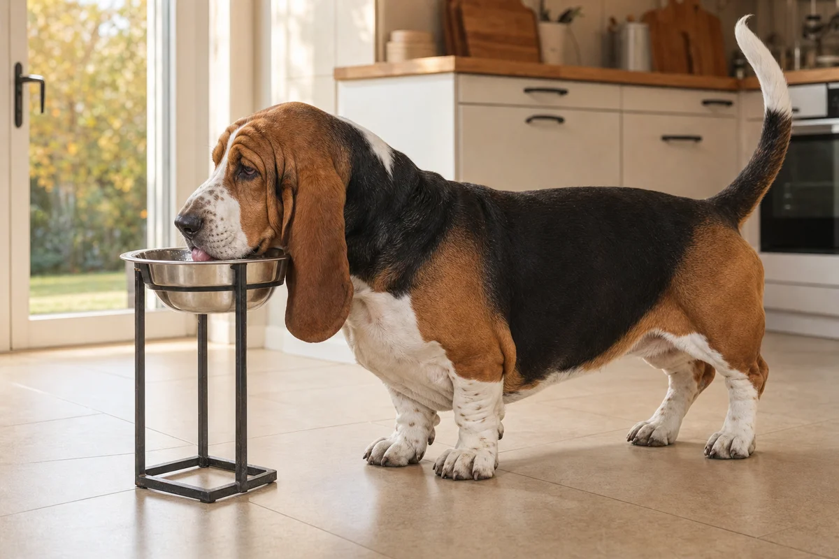 Basset hound pije z wąskiej miski dla psów z długimi uszami