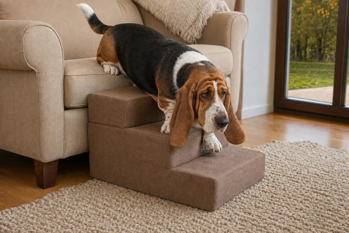 Basset hound schodzi z sofy po schodkach