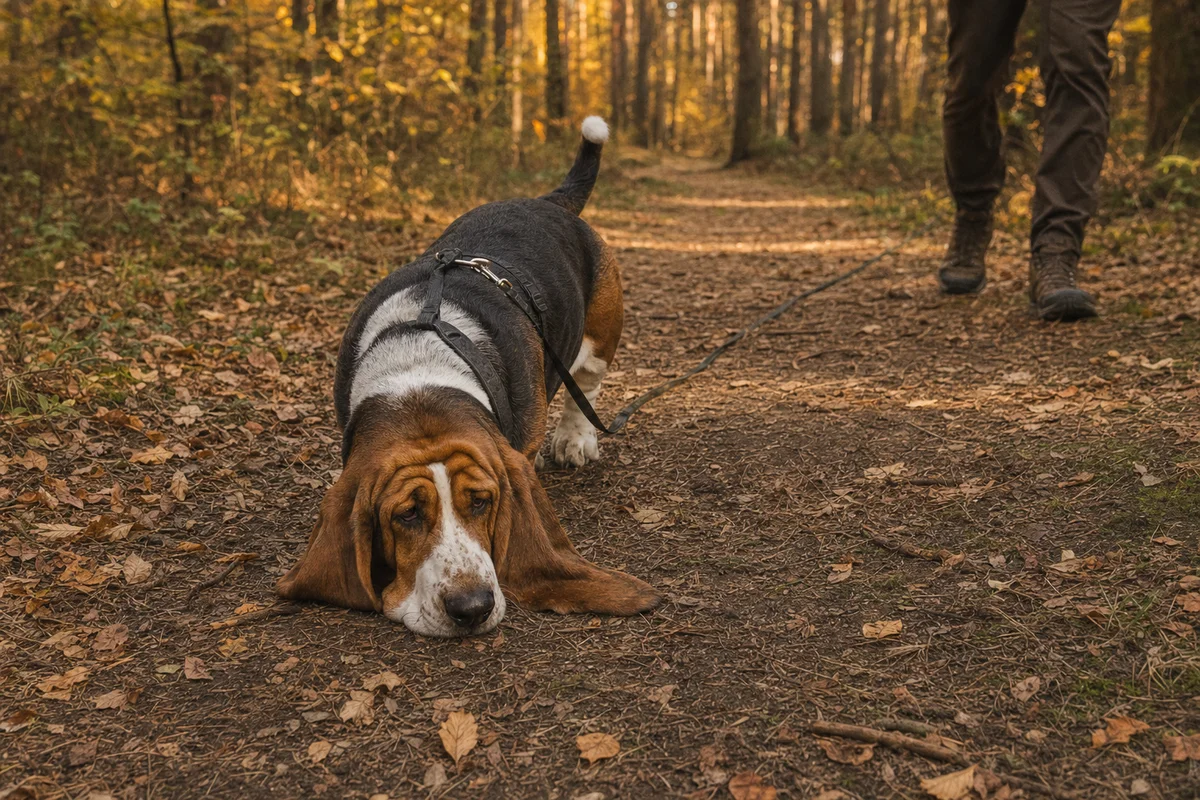 Basset hound tropi na długiej lince w lesie