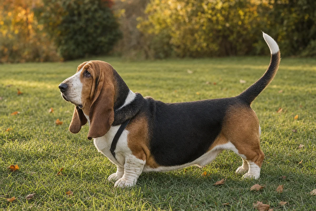 Basset hound z profilu - krótkie łapy i długi tułów