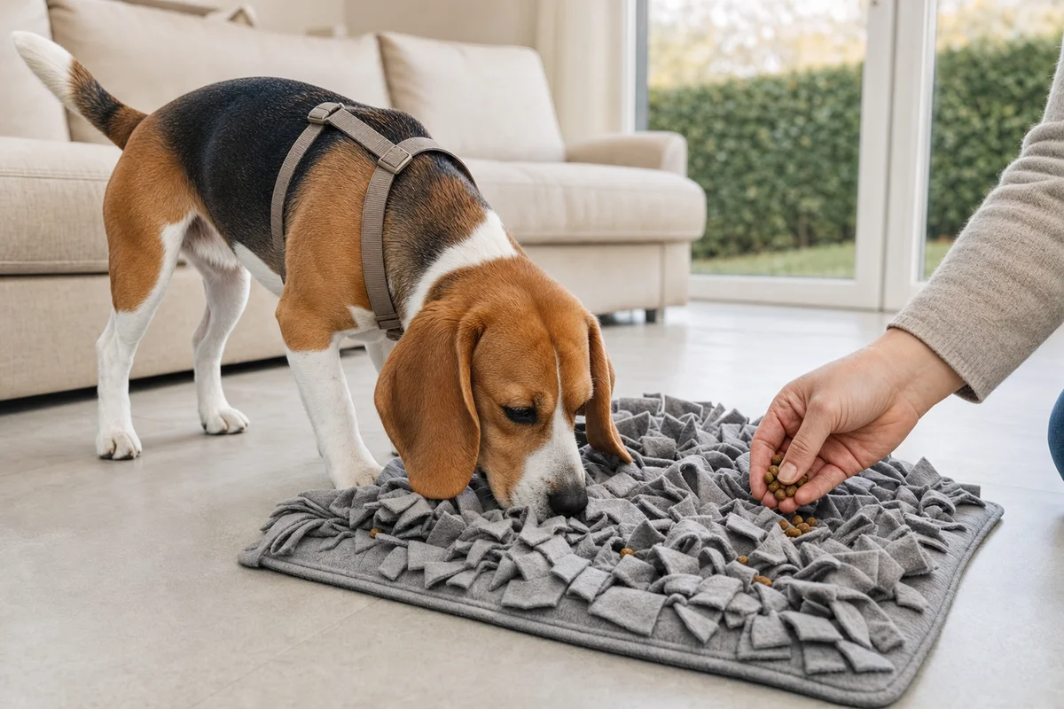 Beagle szuka karmy w macie węchowej