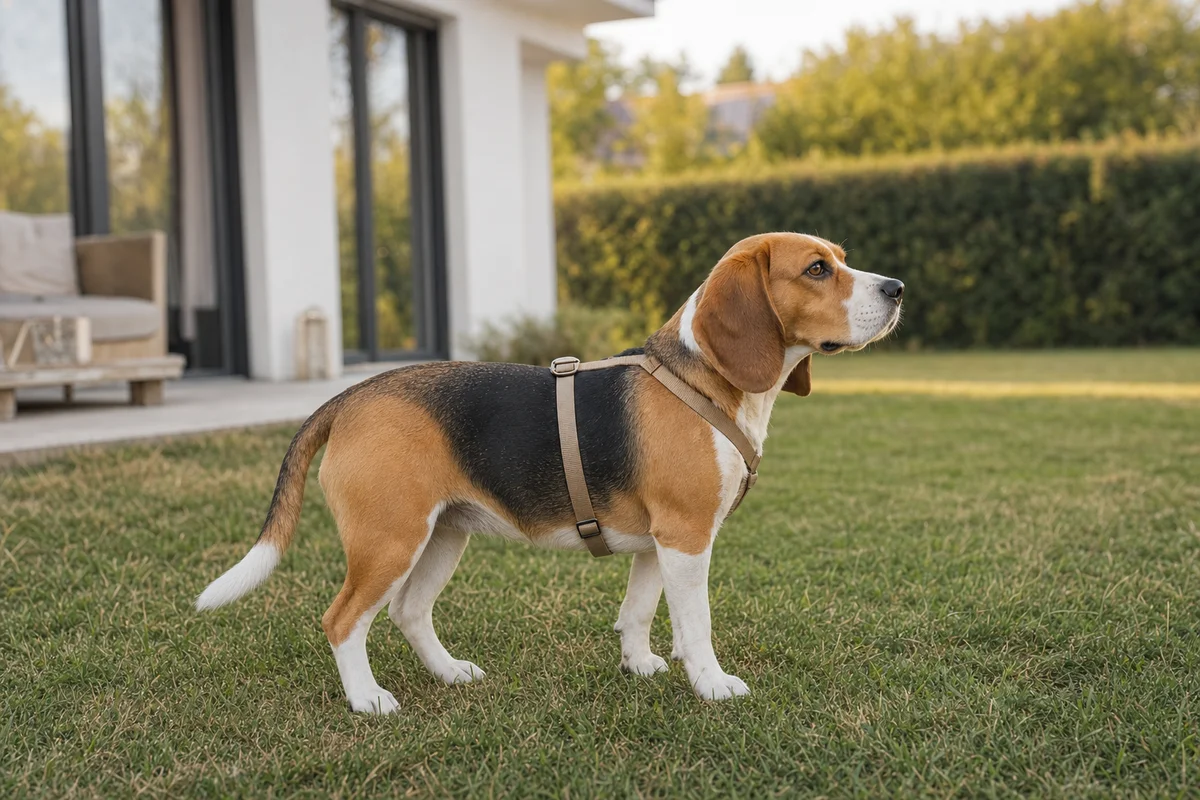 Beagle trójkolorowy z profilu — budowa i umaszczenie