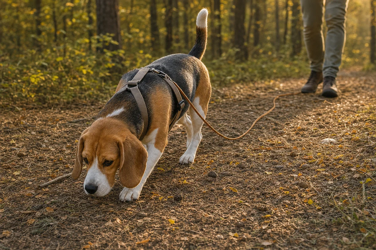 Beagle tropi na długiej lince treningowej w lesie