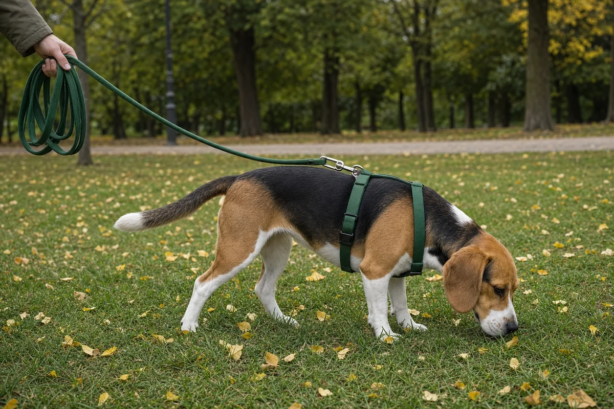 Pies węszy w parku na długiej lince przypiętej do szelek