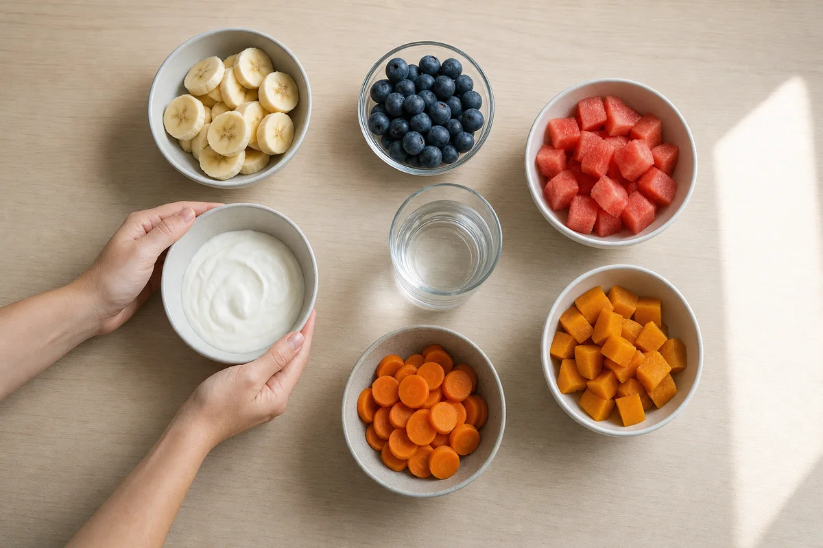 Bezpieczne składniki na lody dla psa: jogurt naturalny, banan, borówki i arbuz