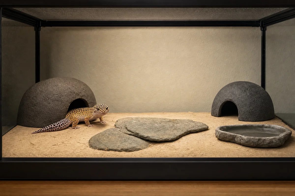 Bezpieczne terrarium dla gekona z zaburzeniami równowagi - płasko, nisko, płytka miska