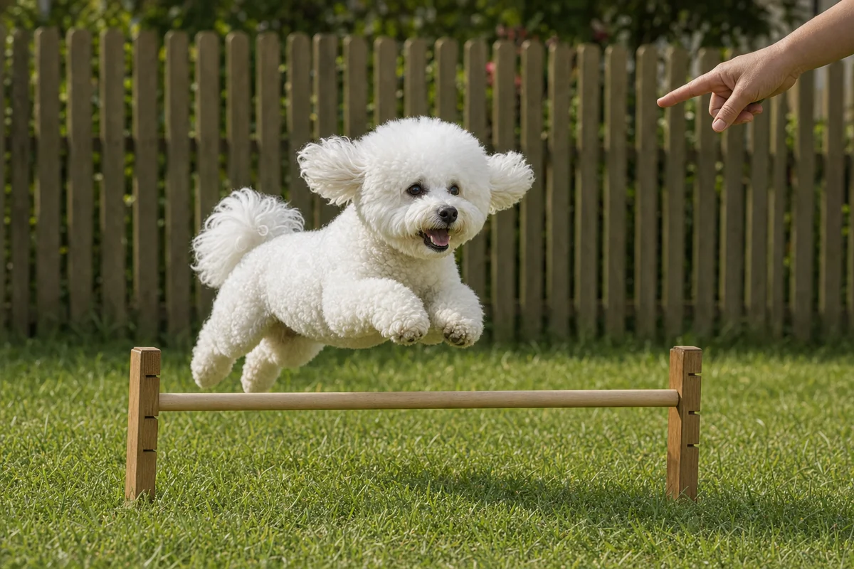 Bichon frise skacze przez niską przeszkodę podczas zabawy