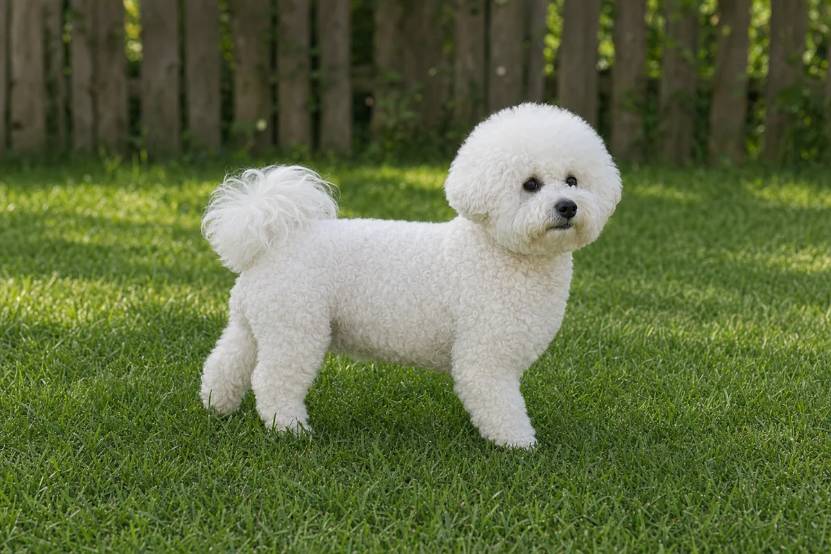 Bichon frise z profilu — biała, kręcona, puszysta sierść