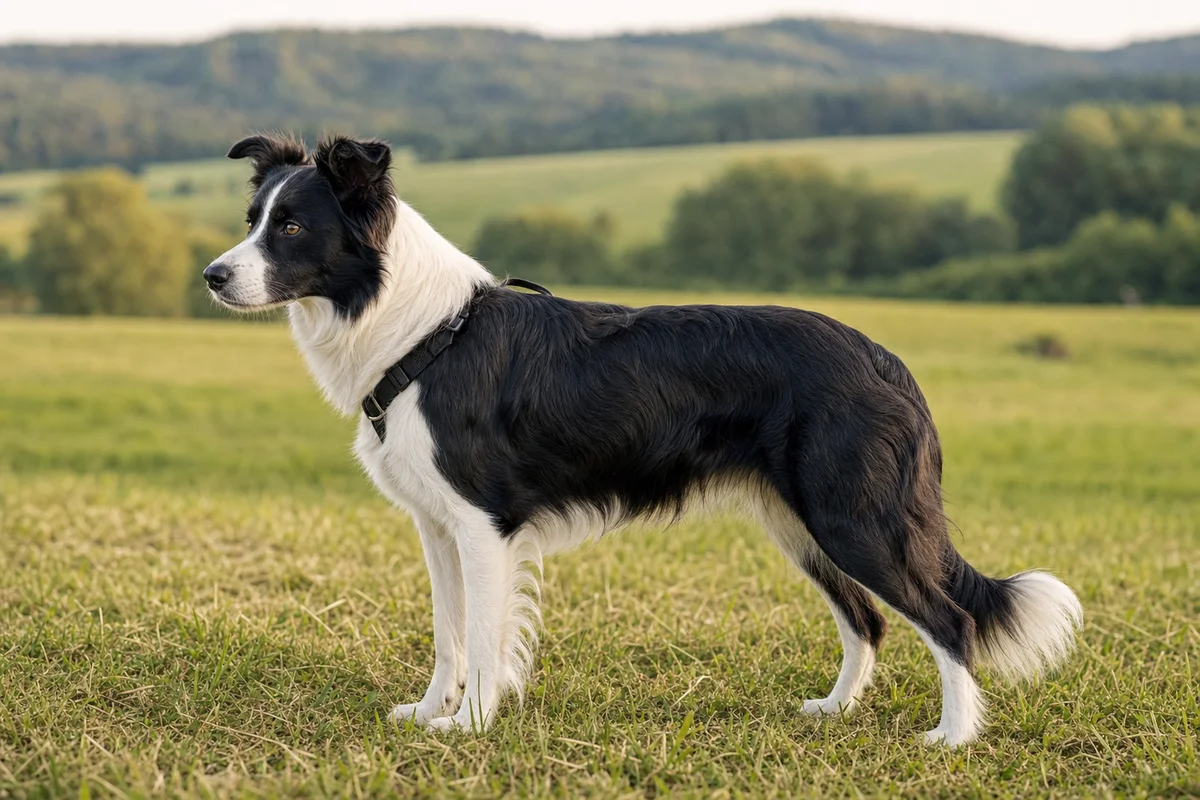 Border collie z profilu — budowa i czarno-biała sierść
