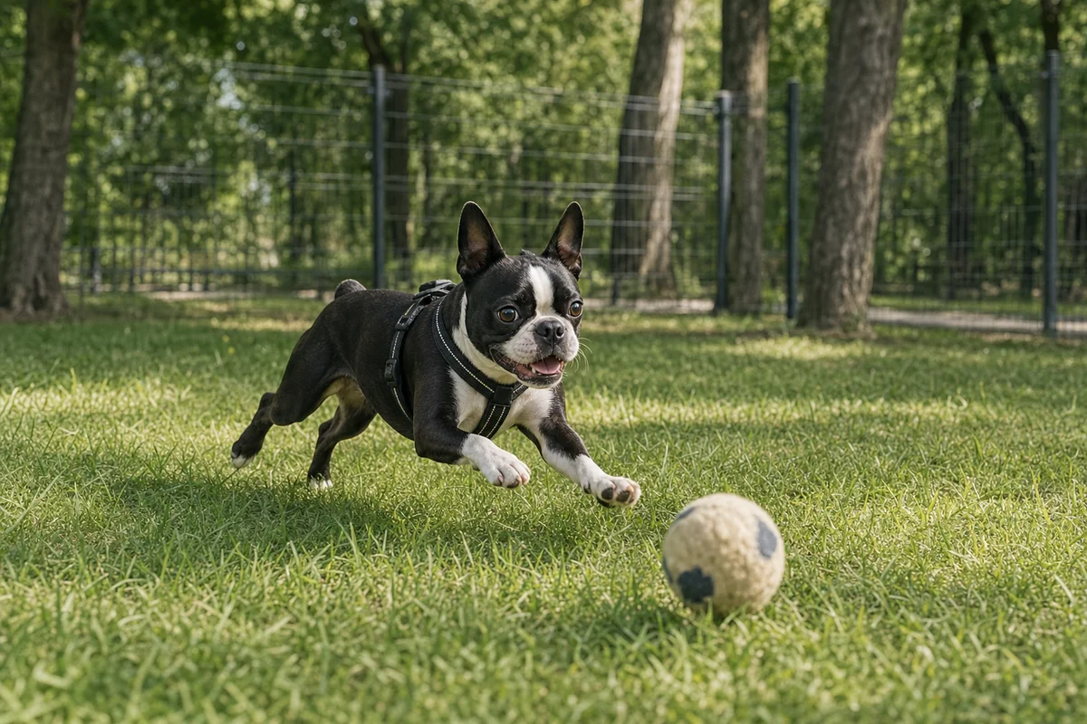 Boston terrier bawi się piłką w parku