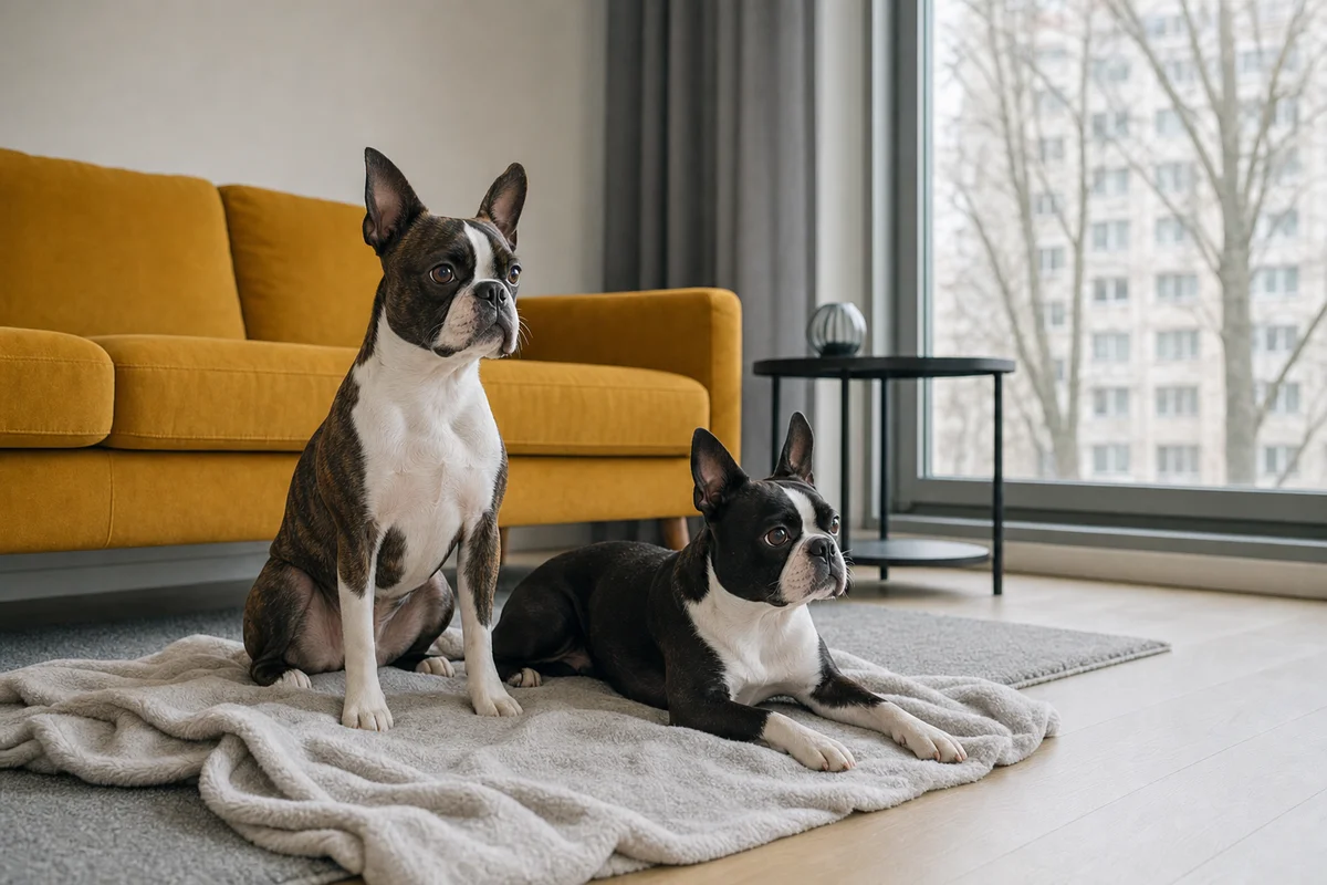 Boston terrier pręgowany i czarny z białymi znaczeniami