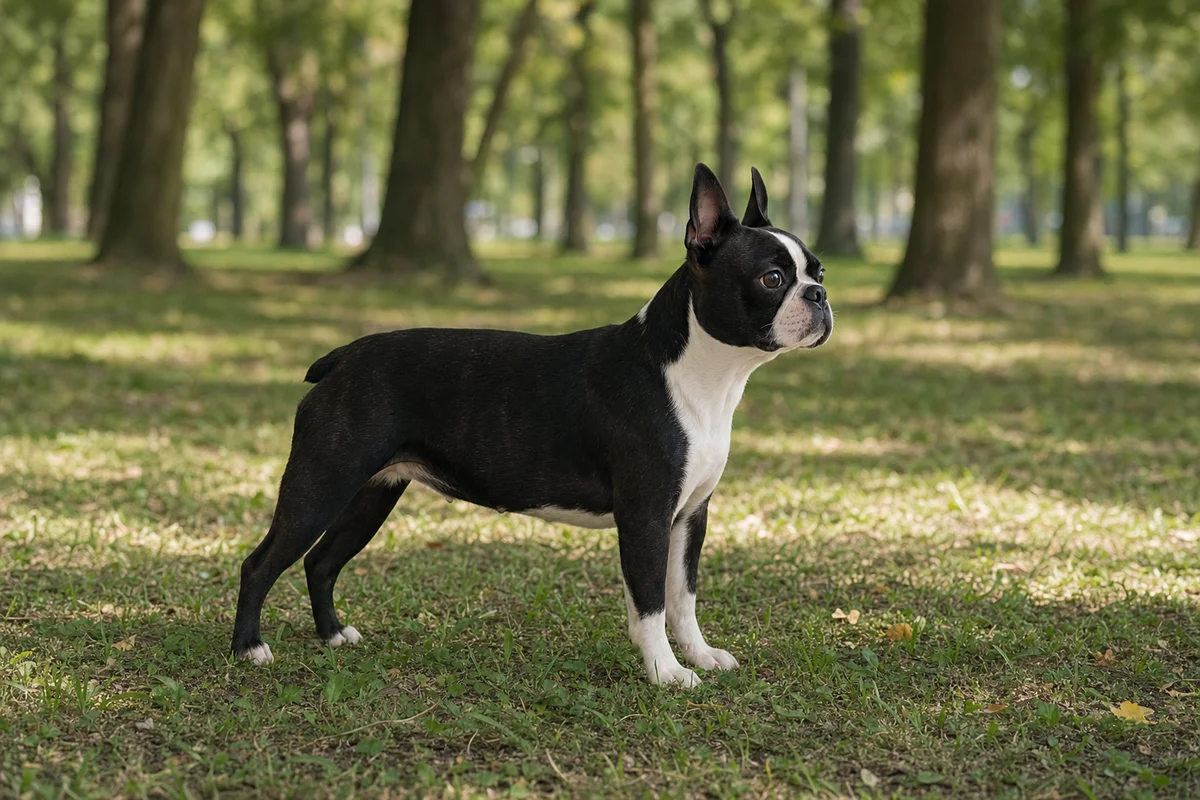 Boston terrier z profilu - budowa i umaszczenie ze smokingiem