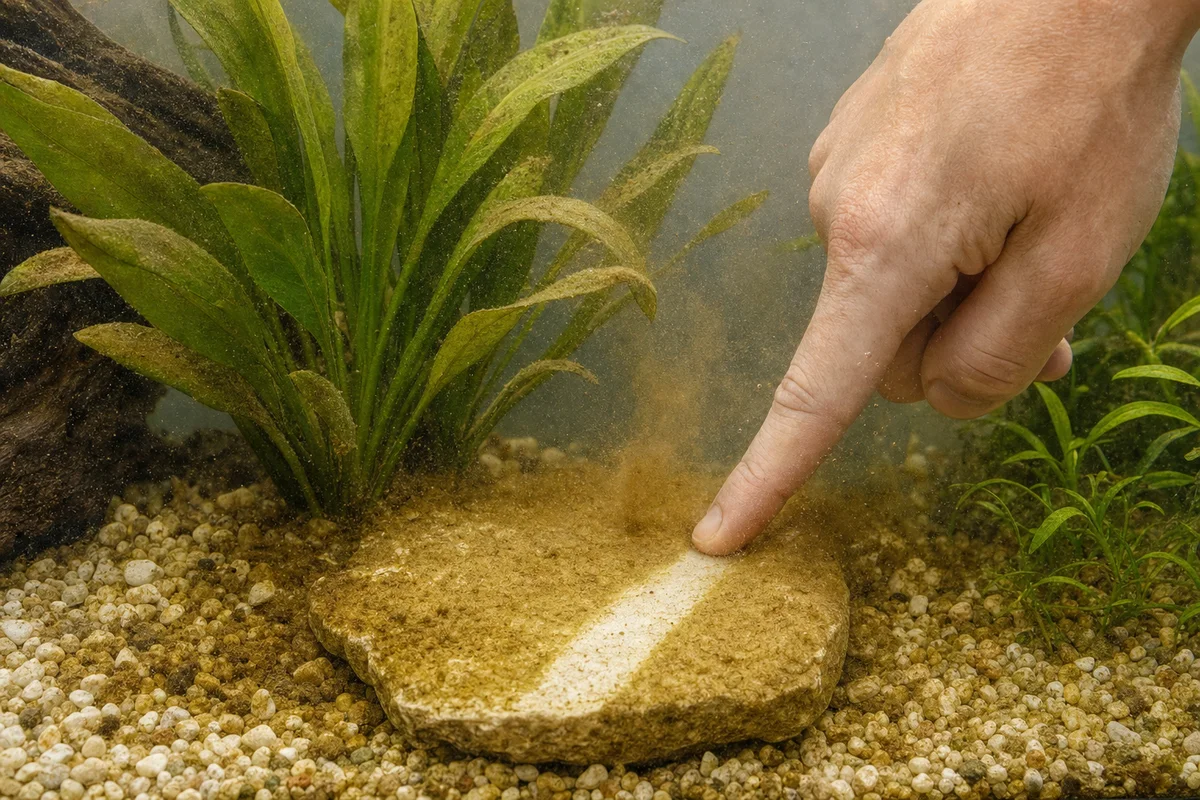 Brązowe glony w nowym akwarium — okrzemki schodzą z kamienia jak kurz