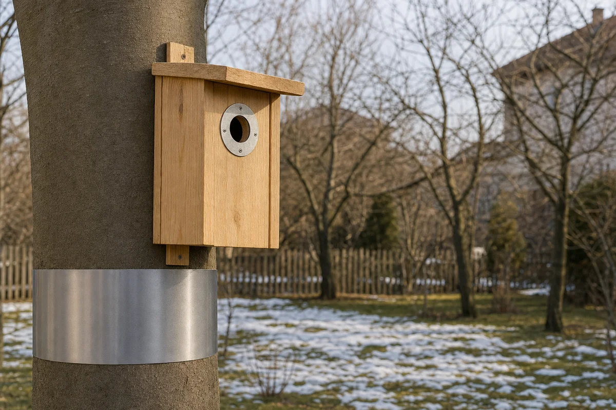 Budka lęgowa z metalową obejmą wokół otworu i gładkim pasem na pniu chroniącym przed kotem i kuną