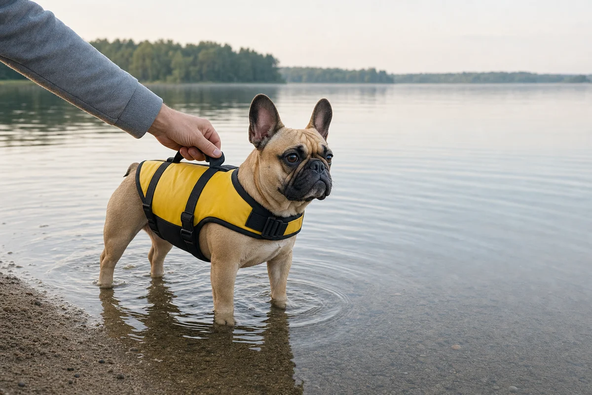 Buldog francuski w kamizelce asekuracyjnej przy brzegu jeziora