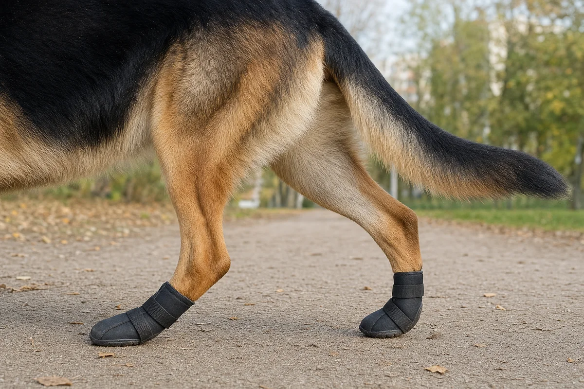 Buty ochronne na tylnych łapach psa z mielopatią chronią palce przed ścieraniem