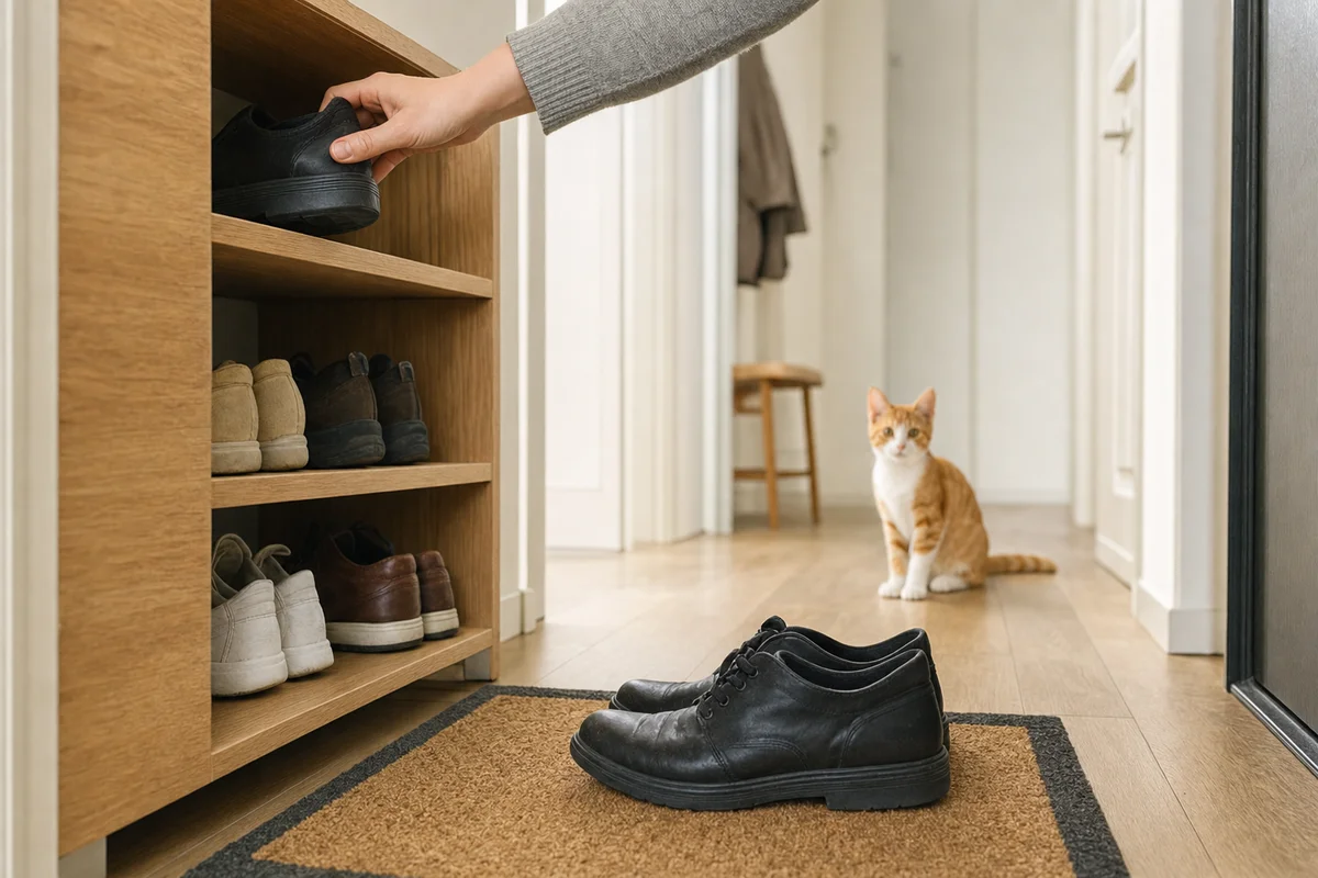 Buty z dworu odstawione wysoko na szafkę, z dala od kociaka