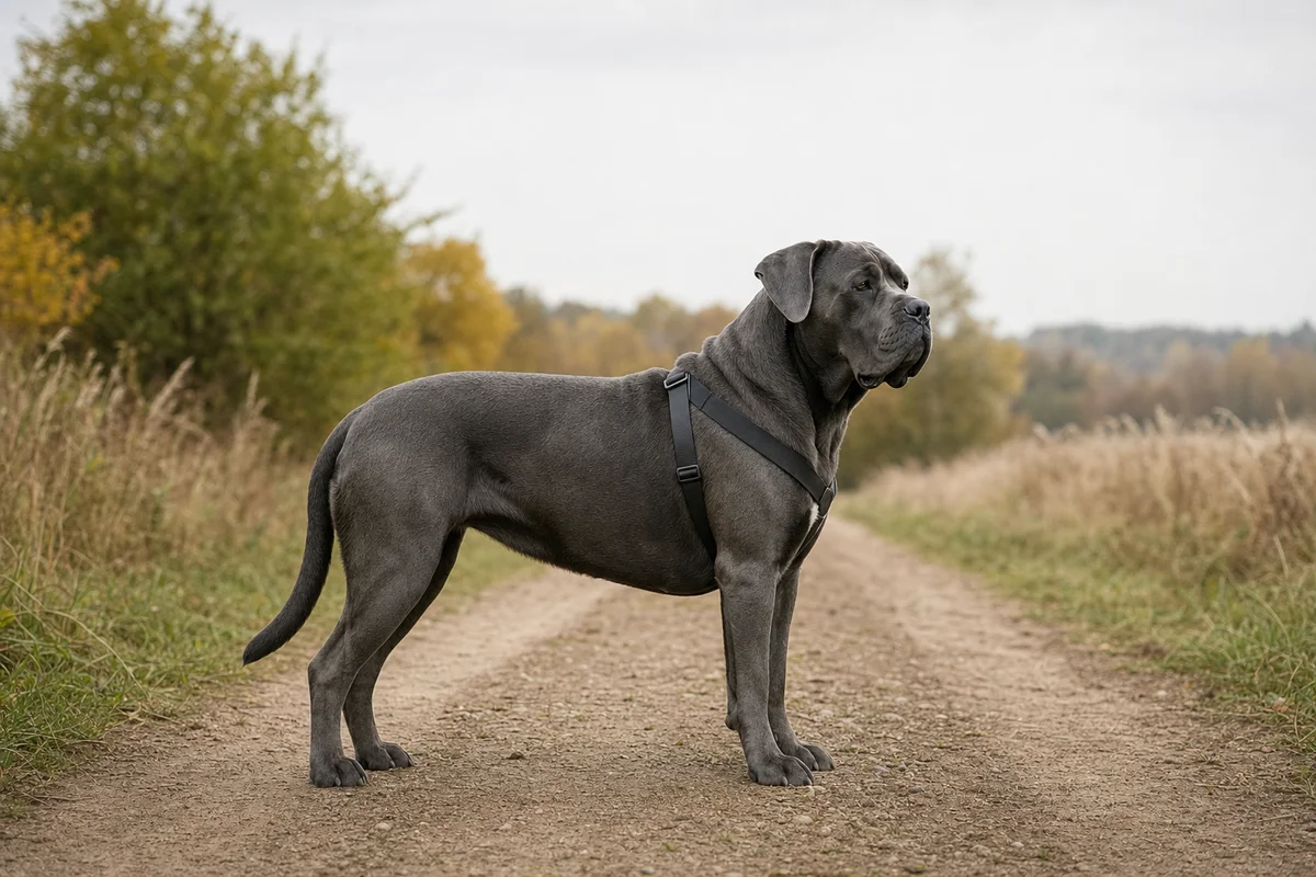 Cane corso z profilu — budowa molosa i krótka szara sierść