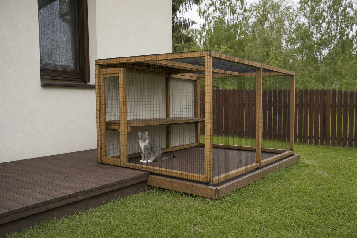 Catio dla kota przy tarasie z siatką na dachu i zadaszeniem dającym cień