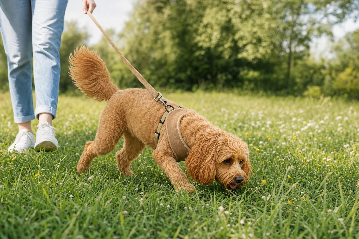 Cavapoo w szelkach na spacerze na łące