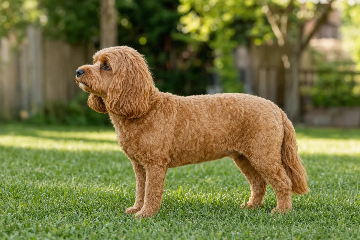 Cavapoo z profilu — budowa, falista sierść i długie uszy