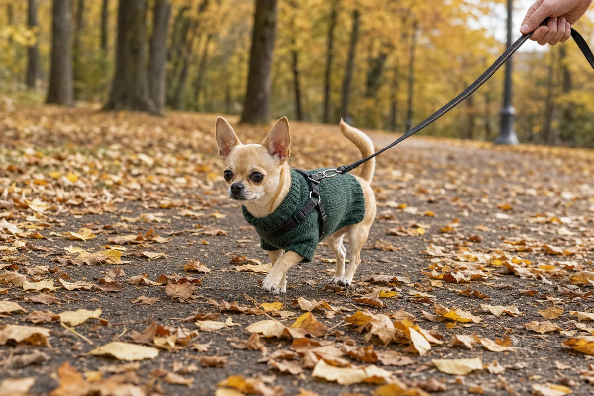Chihuahua w sweterku i szelkach na jesiennym spacerze