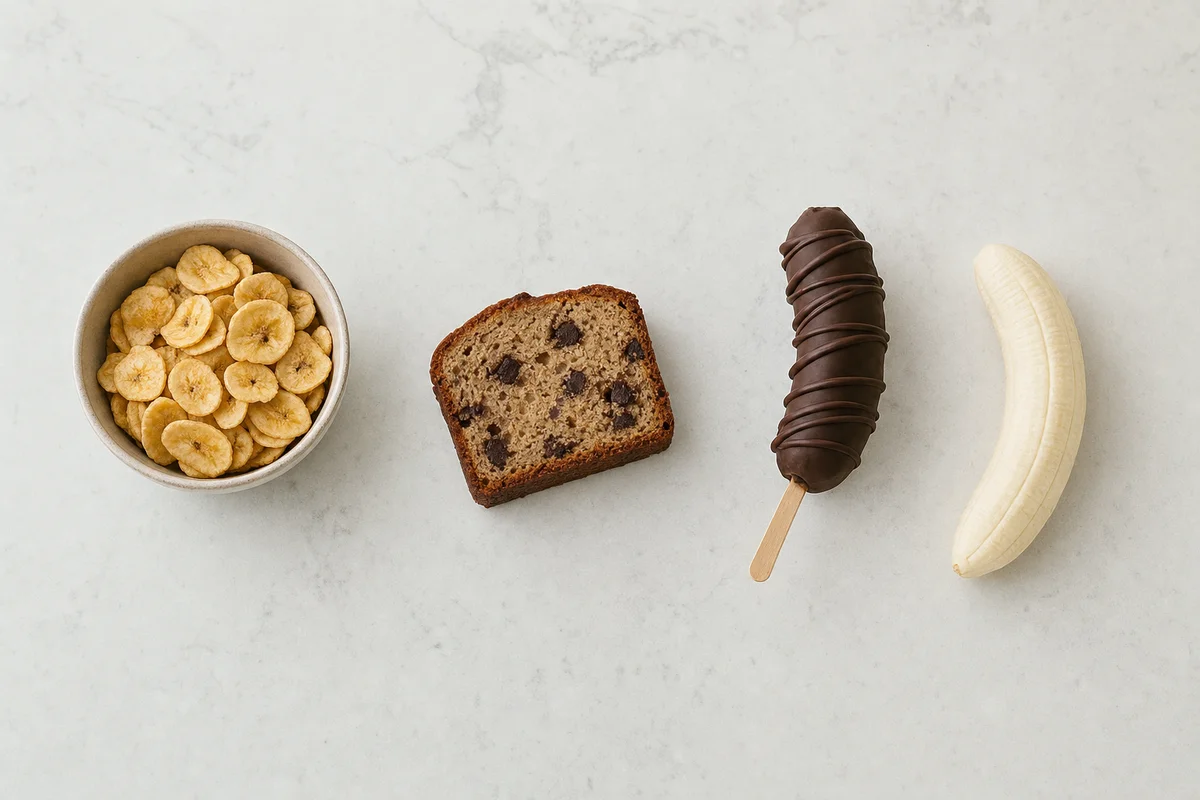 Chipsy bananowe, ciasto bananowe i banan w czekoladzie obok świeżego banana