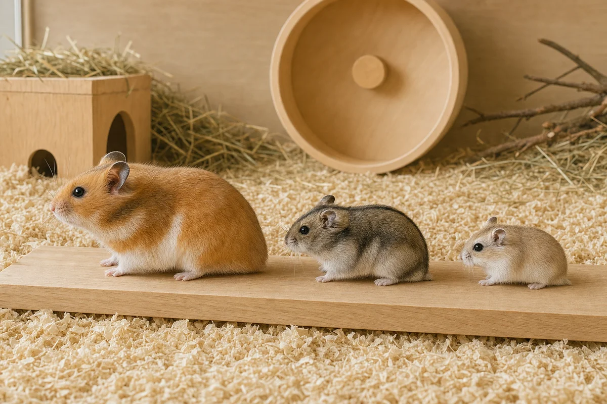 Chomik syryjski, chomik dżungarski i chomik roborowski obok siebie — porównanie wielkości