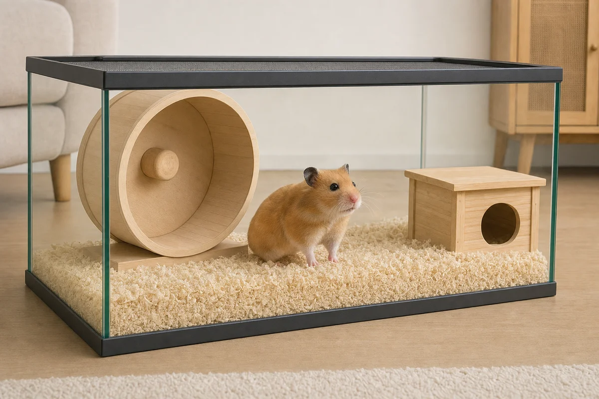 Chomik w terrarium z grubą warstwą podłoża i kołowrotkiem z pełną bieżnią