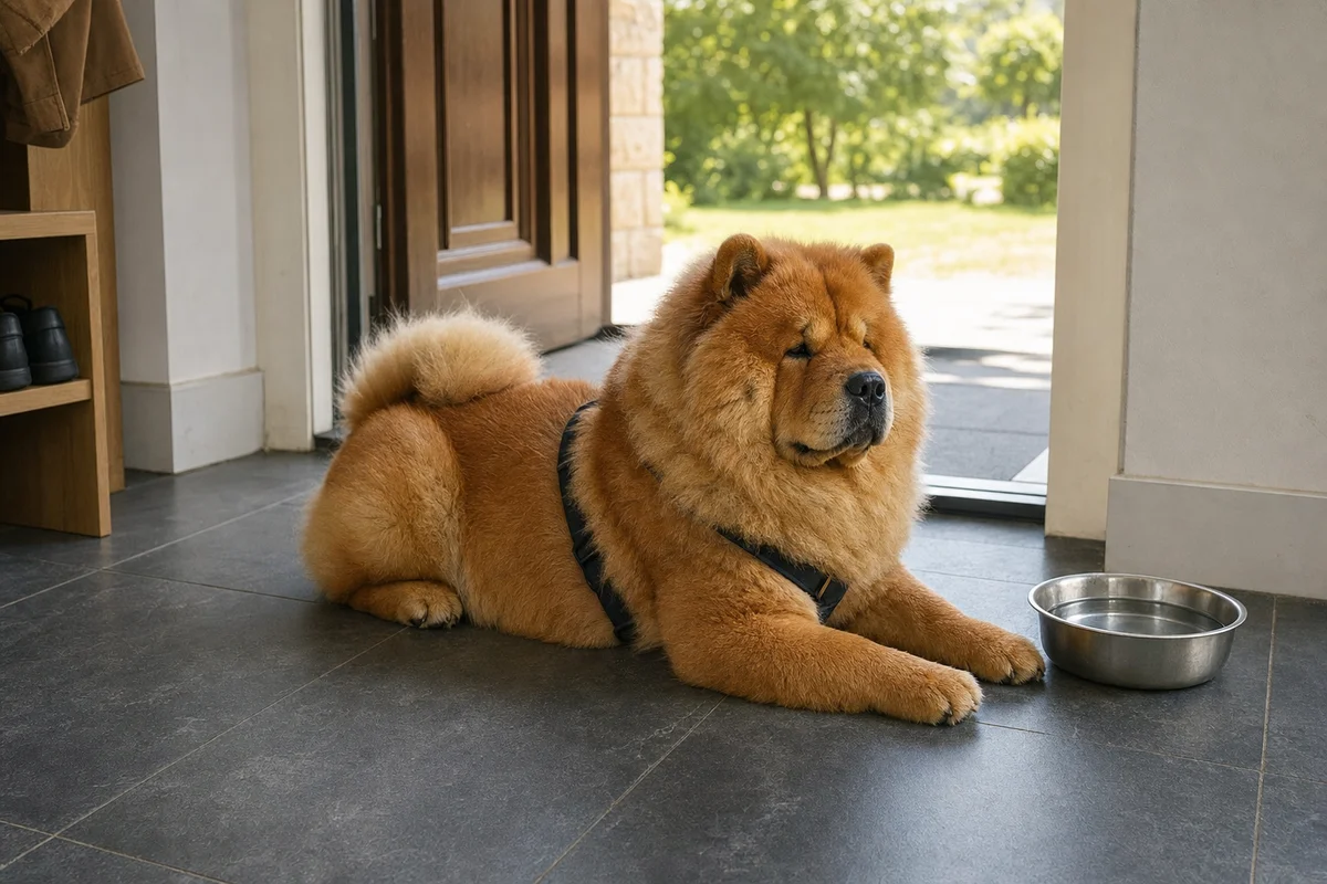 Chow chow odpoczywa na chłodnej posadzce w upał