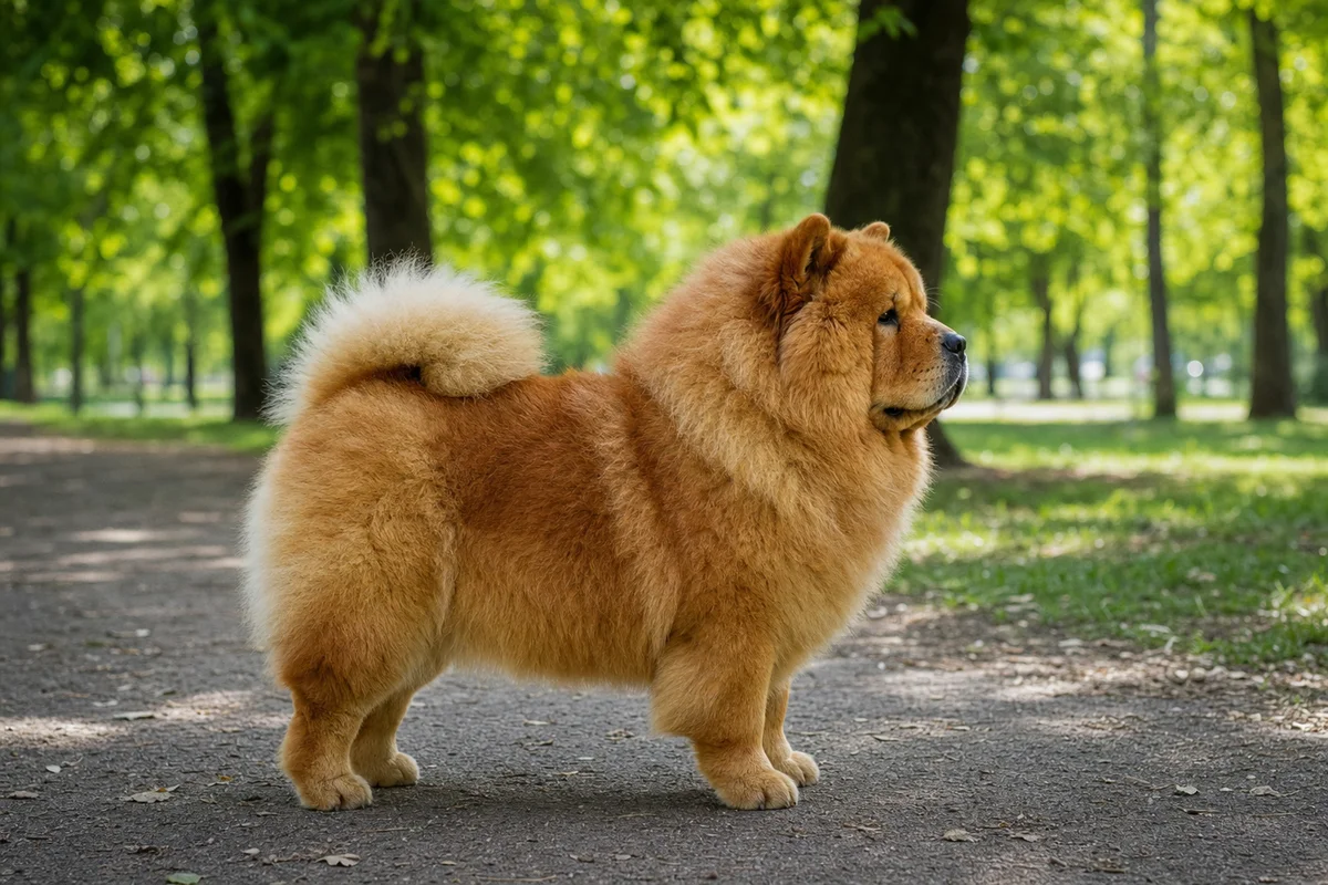Chow chow z profilu — krępa budowa i obfita ruda sierść