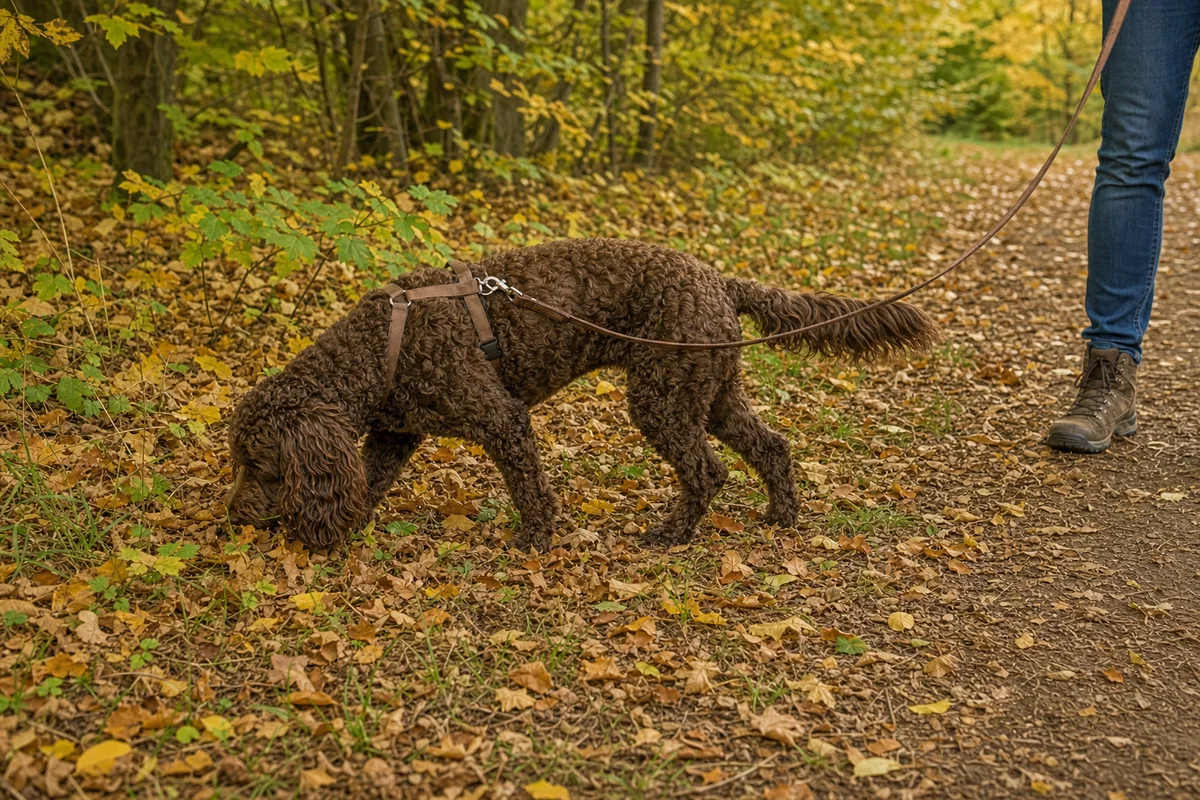 Cockapoo węszy w liściach na spacerze w lesie