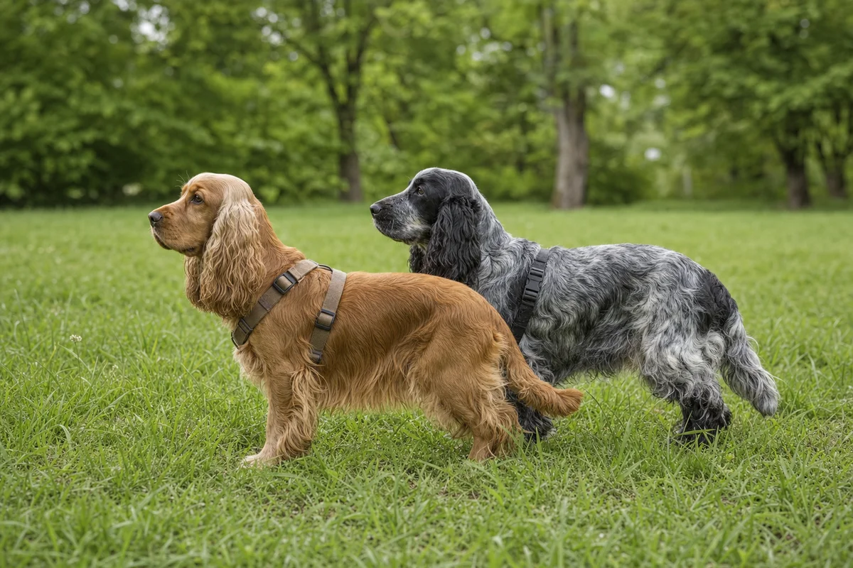 Cocker spaniel angielski w umaszczeniu złotorudym i niebieskim dereszowatym