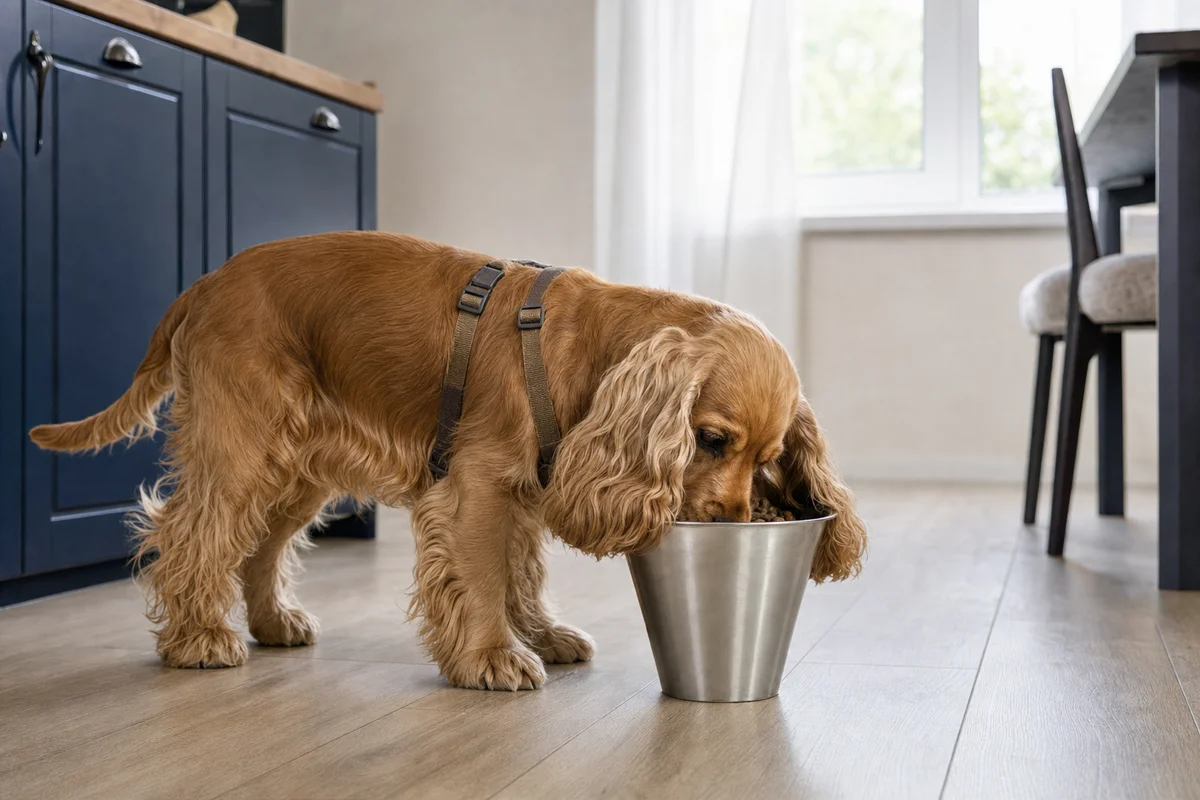 Cocker spaniel je z miski dla psa z długimi uszami