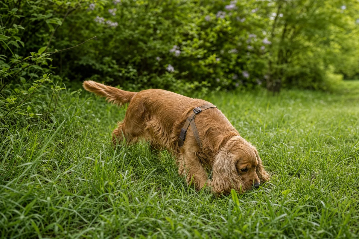 Cocker spaniel węszy w trawie podczas spaceru