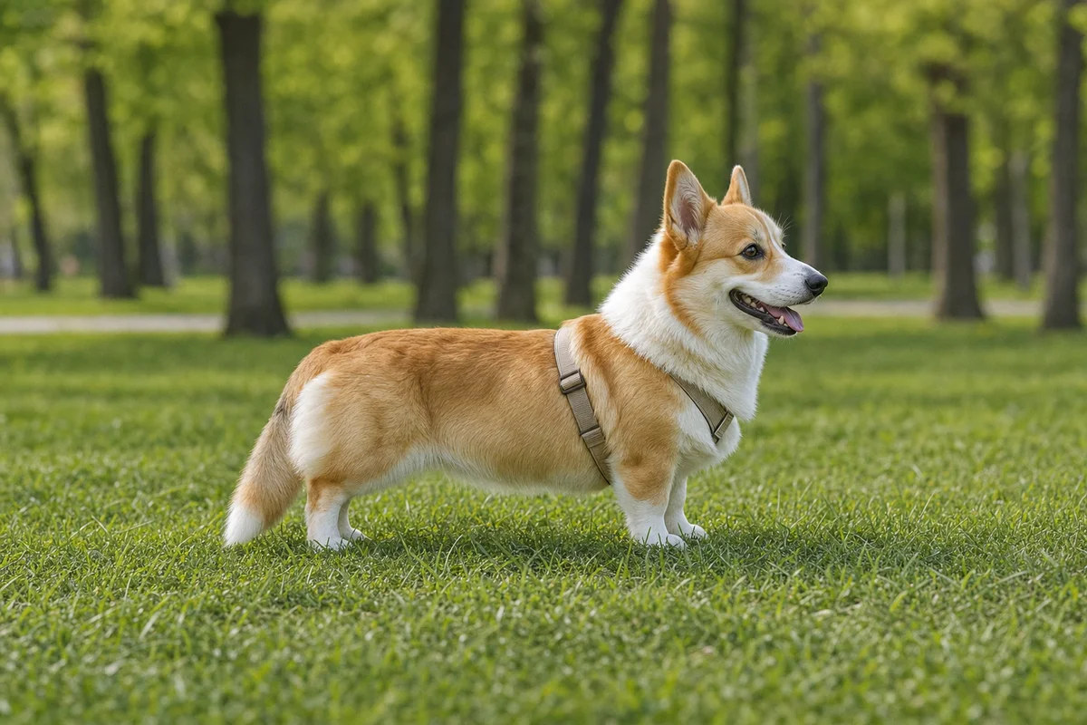 Corgi pembroke z profilu — długi tułów na krótkich łapach