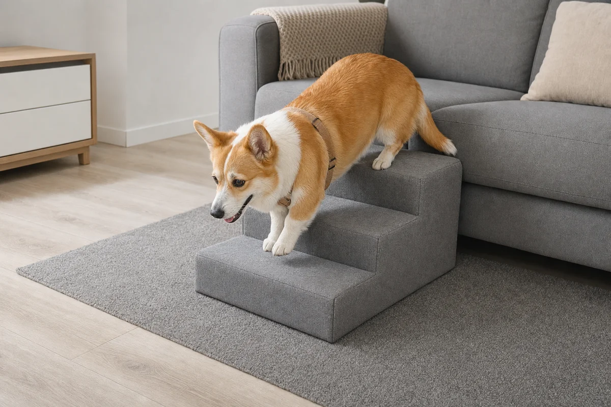 Corgi schodzi z kanapy po schodkach dla psa
