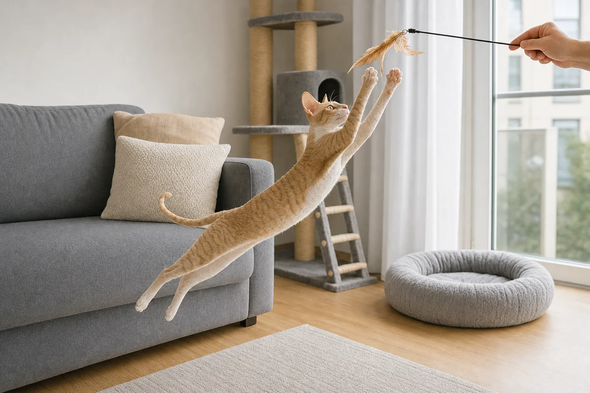 Cornish rex skacze za piórkiem wędki