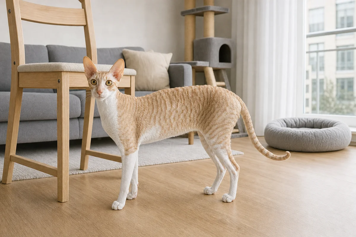 Cornish rex z profilu - łukowaty grzbiet i faliste fale sierści