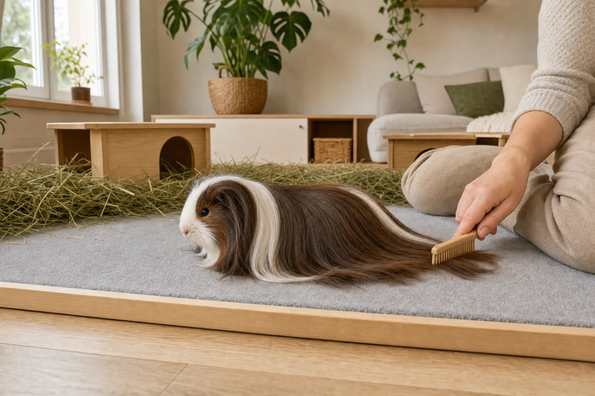 Czesanie długowłosej świnki morskiej sheltie grzebieniem