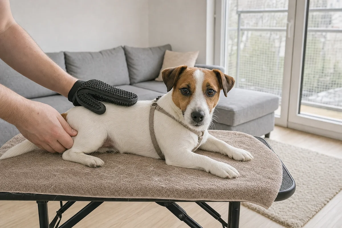 Czesanie gładkiej sierści jack russell terriera rękawicą