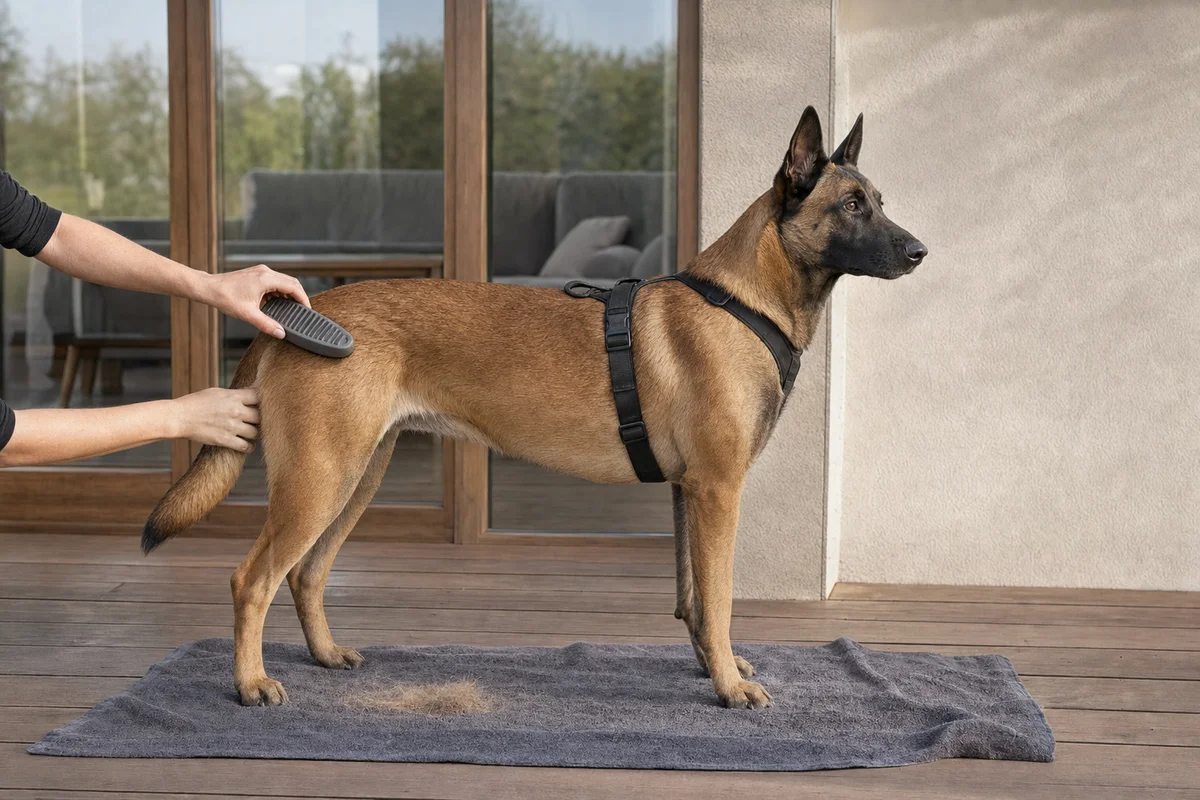 Czesanie krótkiej sierści malinois gumowym zgrzebłem