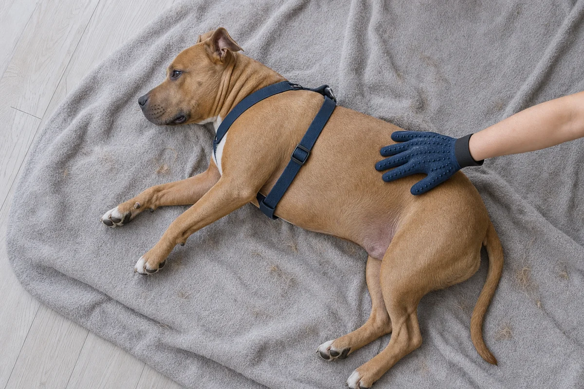 Czesanie krótkiej sierści pitbulla gumową rękawicą