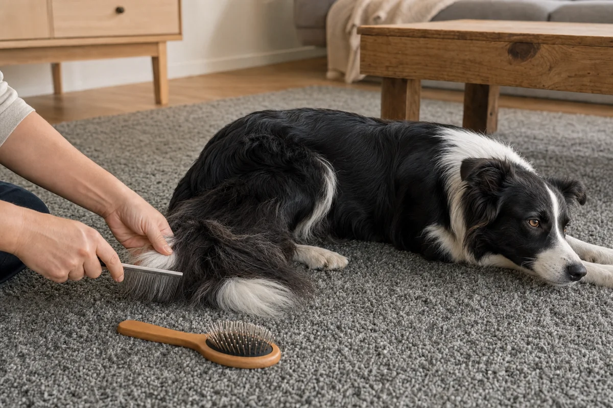 Czesanie piór na łapach border collie grzebieniem