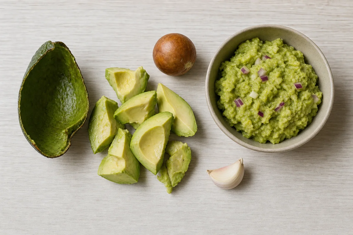 Części awokado: miąższ, skórka, pestka i guacamole