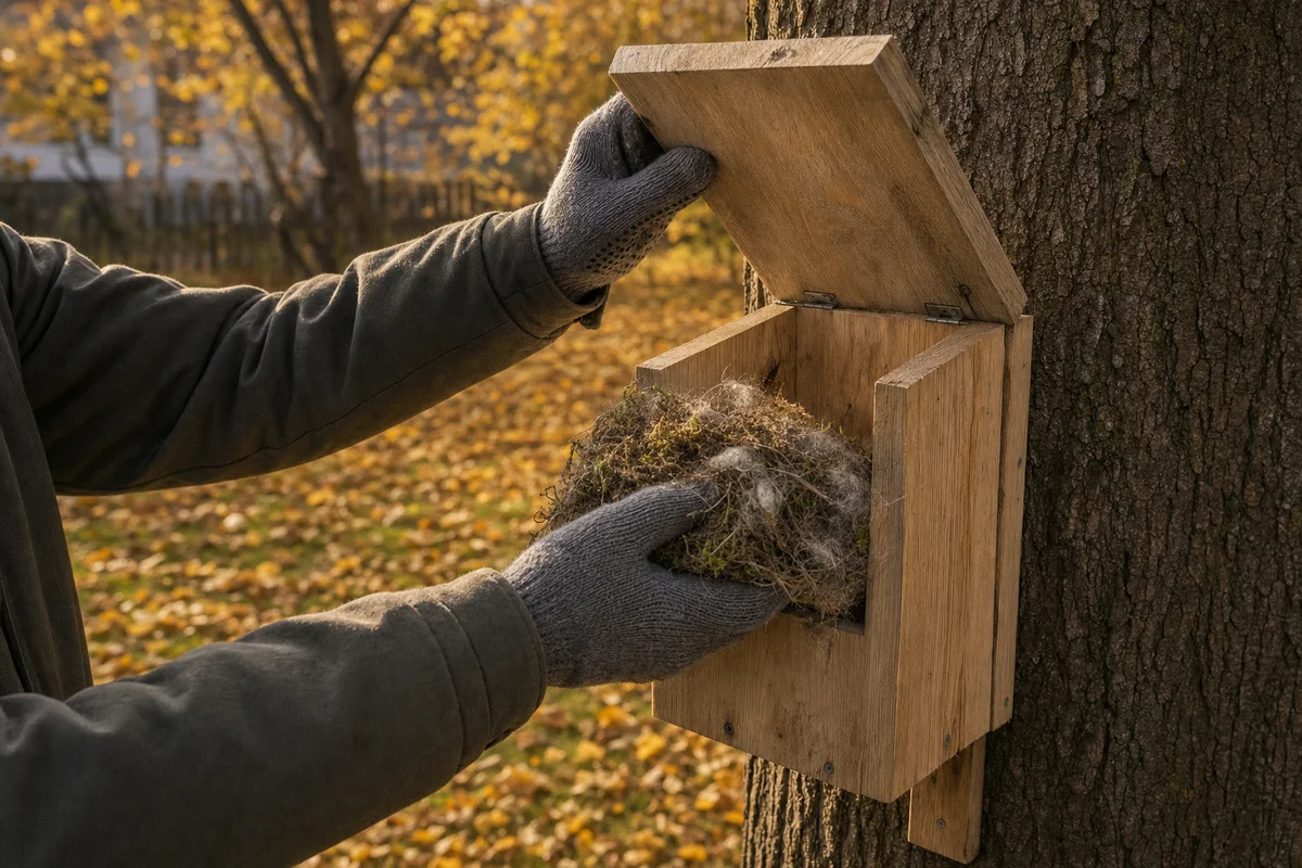 Czyszczenie budki lęgowej jesienią — usuwanie starego gniazda